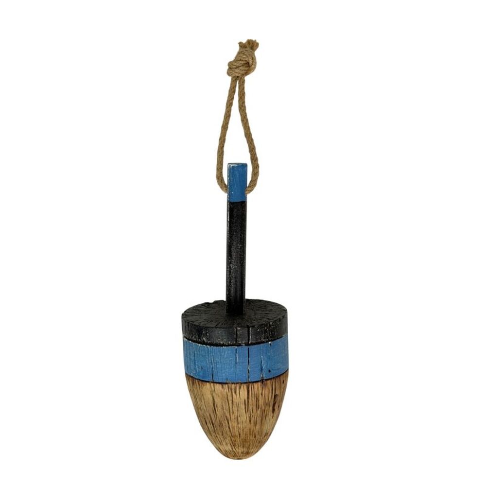Decorative Wood Buoy Blue Stripe Rope Hanger 15 Inch Nautical Wall Accent